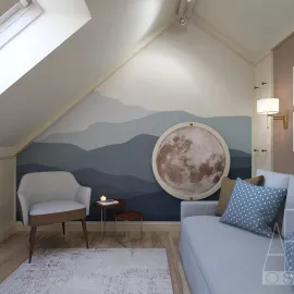Спальня на мансарде с лунным пейзажем